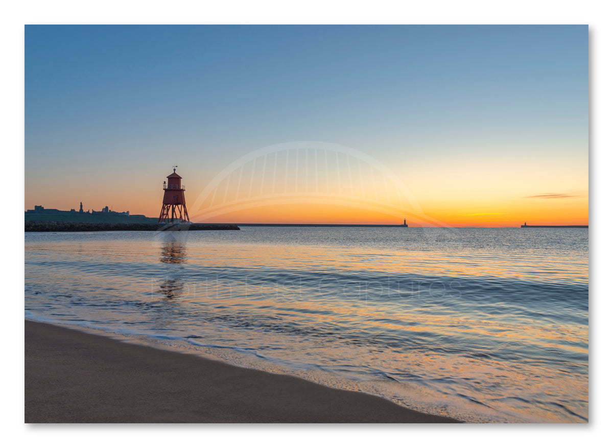 Herd Groyne Lighthouse - Sandhaven Beach - Sunrise - South Shield shown as a canvas print.