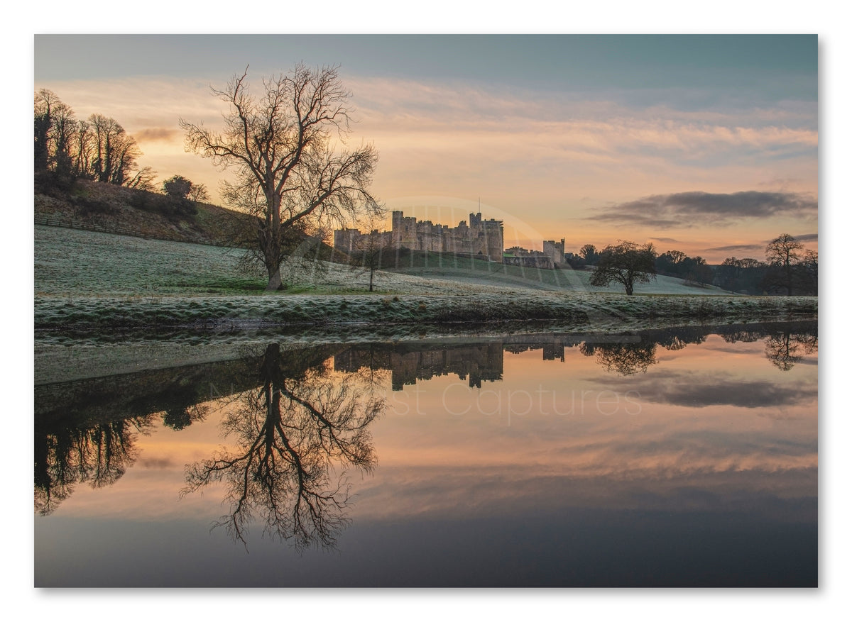 Canvas print of Alnwick Castle reflected in the River Aln in Northumberland.
