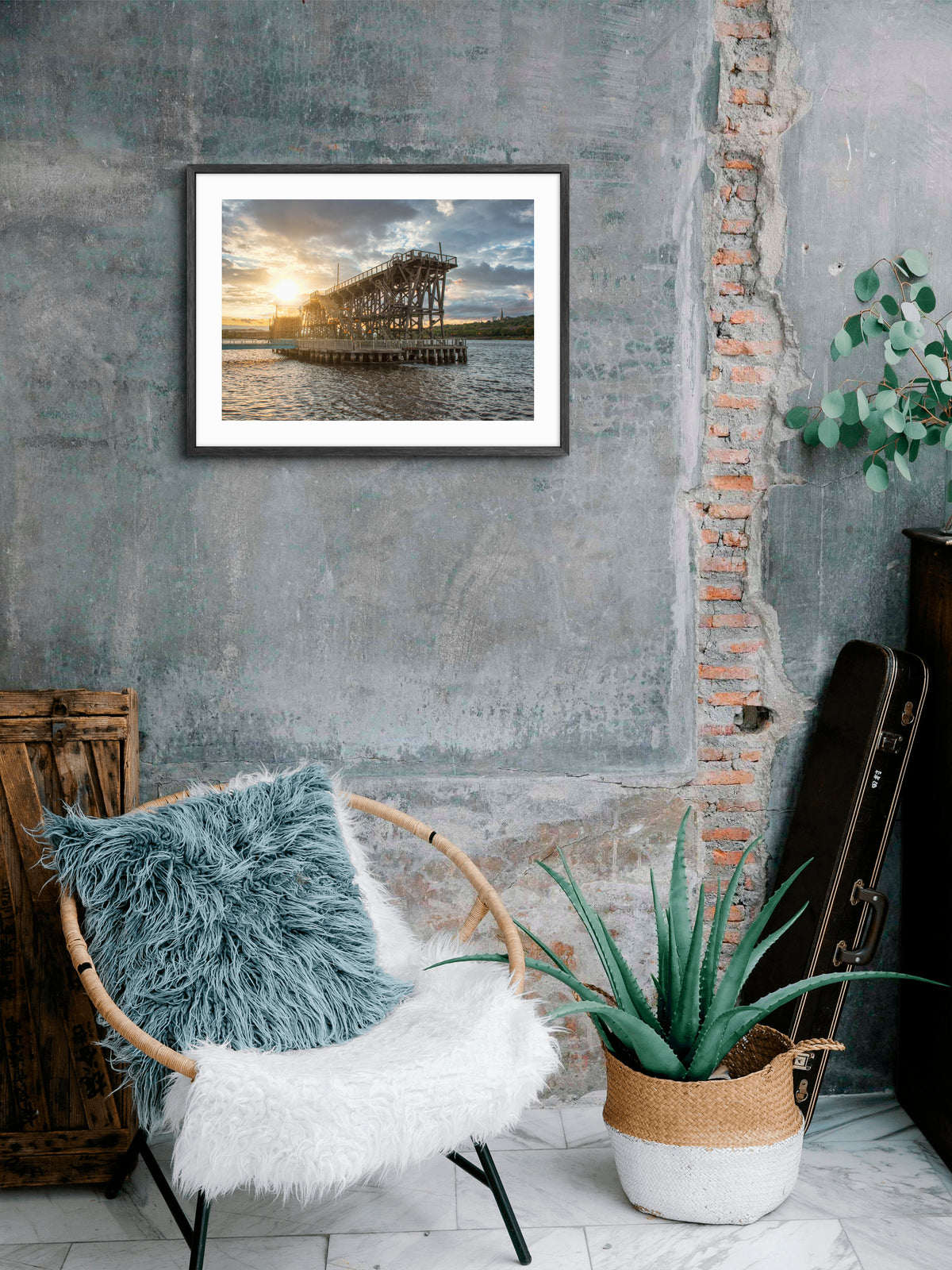 Dunston Staiths - Wooden Coal Staiths - Gateshead wall art displayed in a styled room setting.