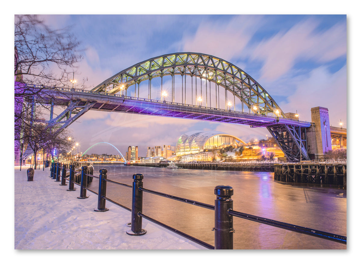 Snow Covered Quayside & Tyne Bridge | Newcastle Print shown as a canvas print.