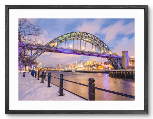 Snow Covered Quayside & Tyne Bridge | Newcastle Print shown as a framed photographic print.