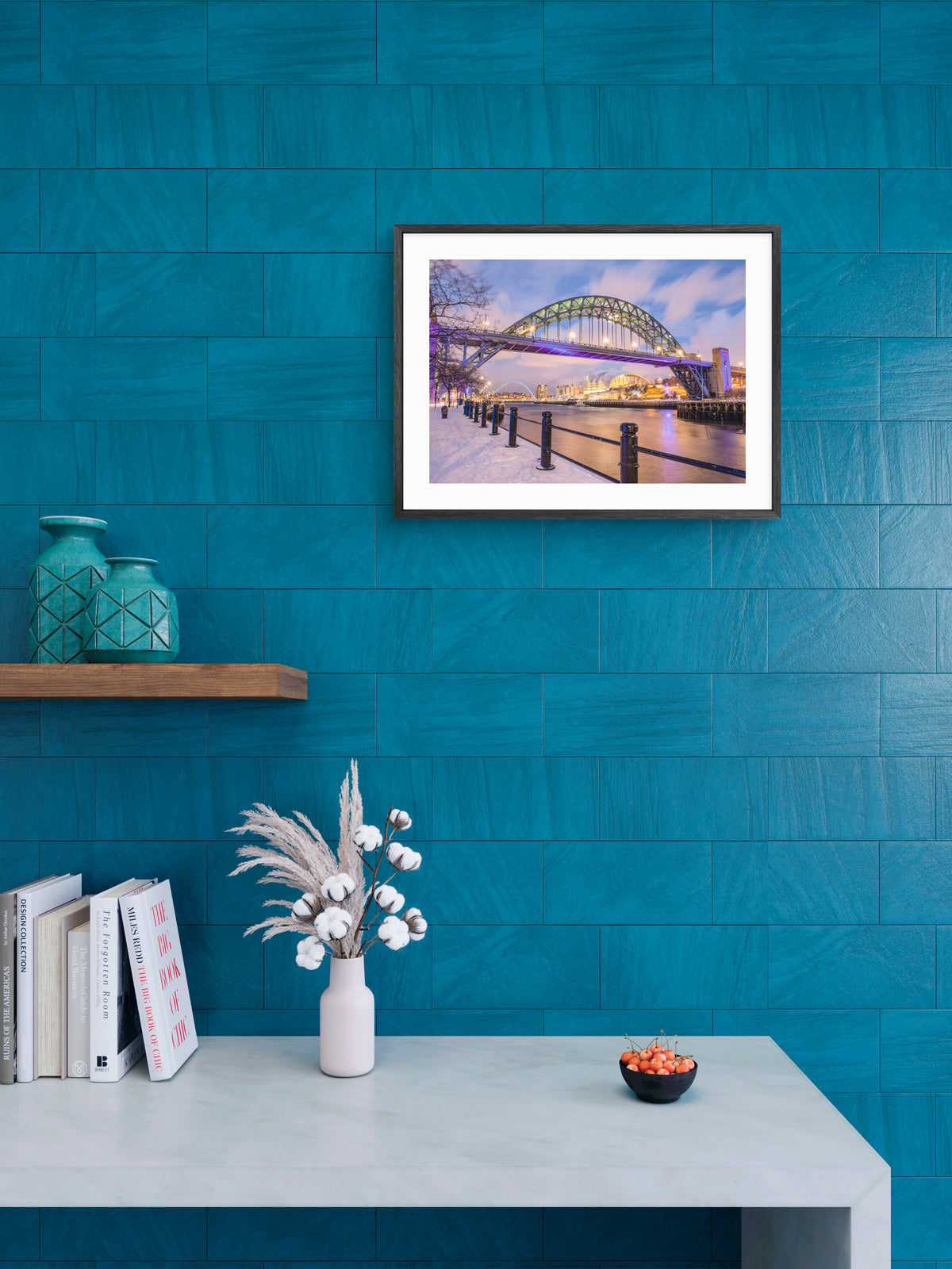 Snow Covered Quayside & Tyne Bridge | Newcastle Print wall art displayed in a styled room setting.