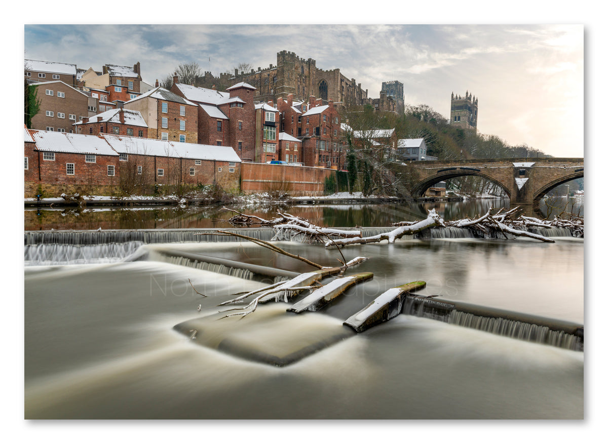 Framwellgate Bridge - River Wear - Winter - Durham shown as a canvas print.