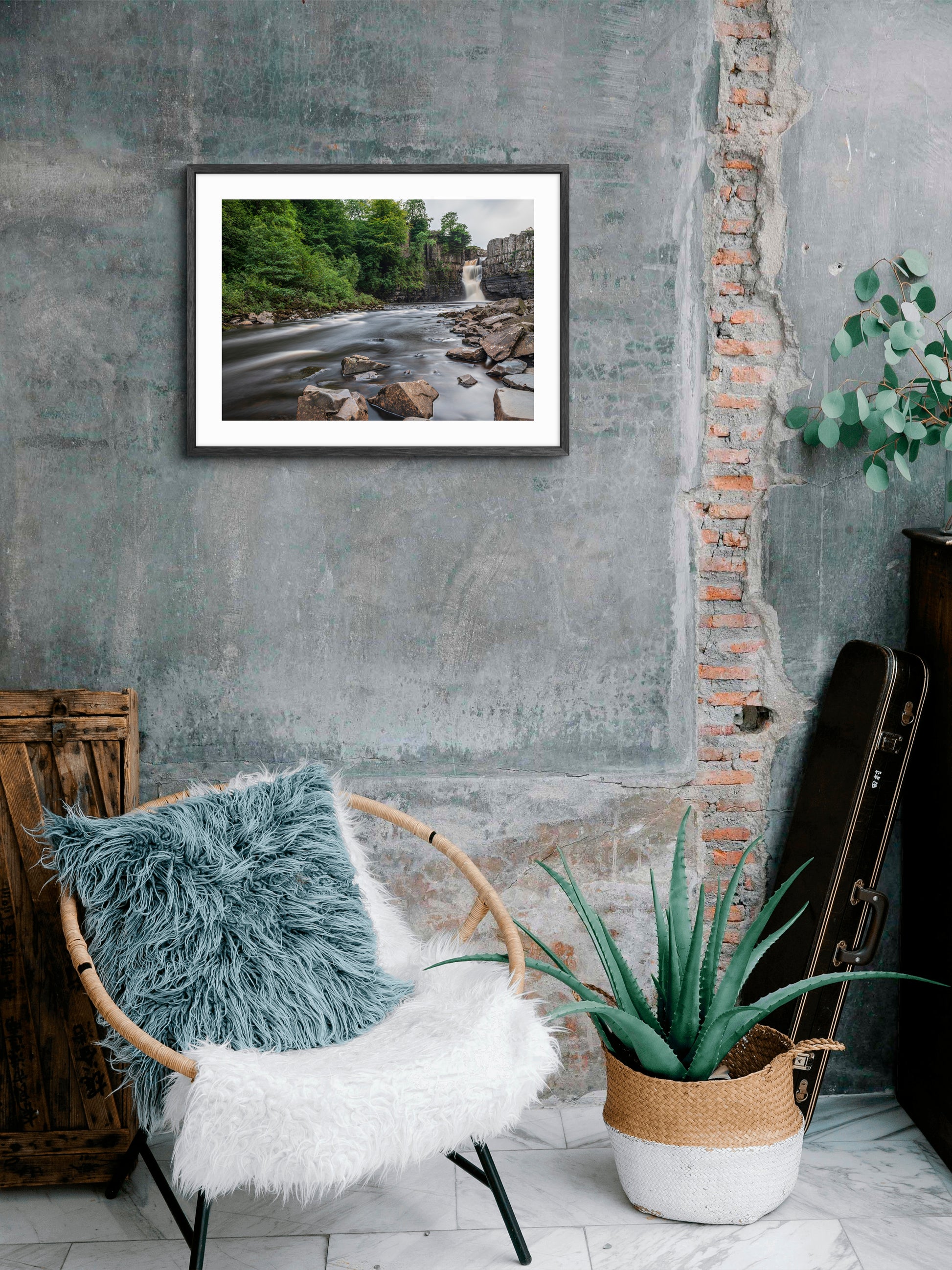 High Force Waterfall - Long Exposure - Weardale - County Durham wall art displayed in a styled room setting.