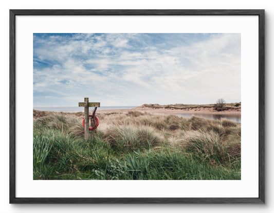 Framed print of Alnmouth dunes overlooking the River Aln in Northumberland.
