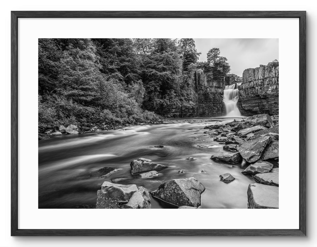 High Force Waterfall - Black and White - County Durham shown as a framed photographic print.