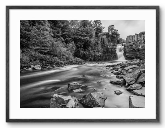 High Force Waterfall - Black and White - County Durham shown as a framed photographic print.