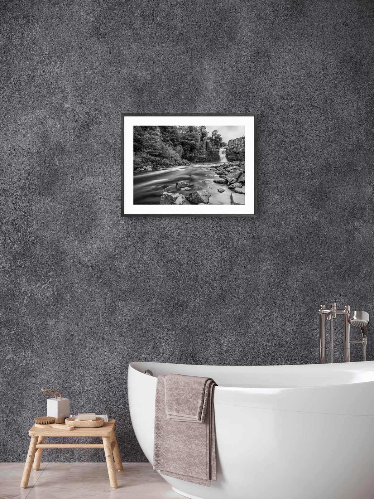 High Force Waterfall - Black and White - County Durham wall art displayed in a styled room setting.