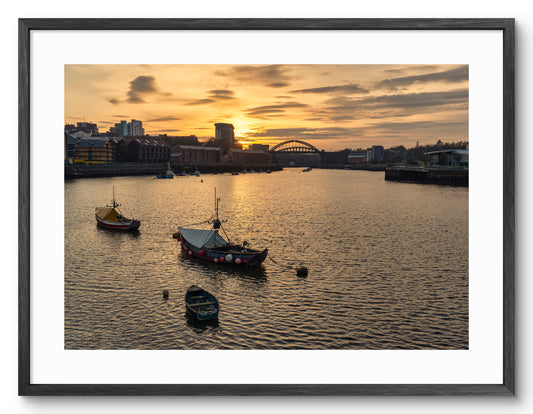 River Wear Boats - Wearmouth Bridge - Sunset - Sunderland shown as a framed photographic print.
