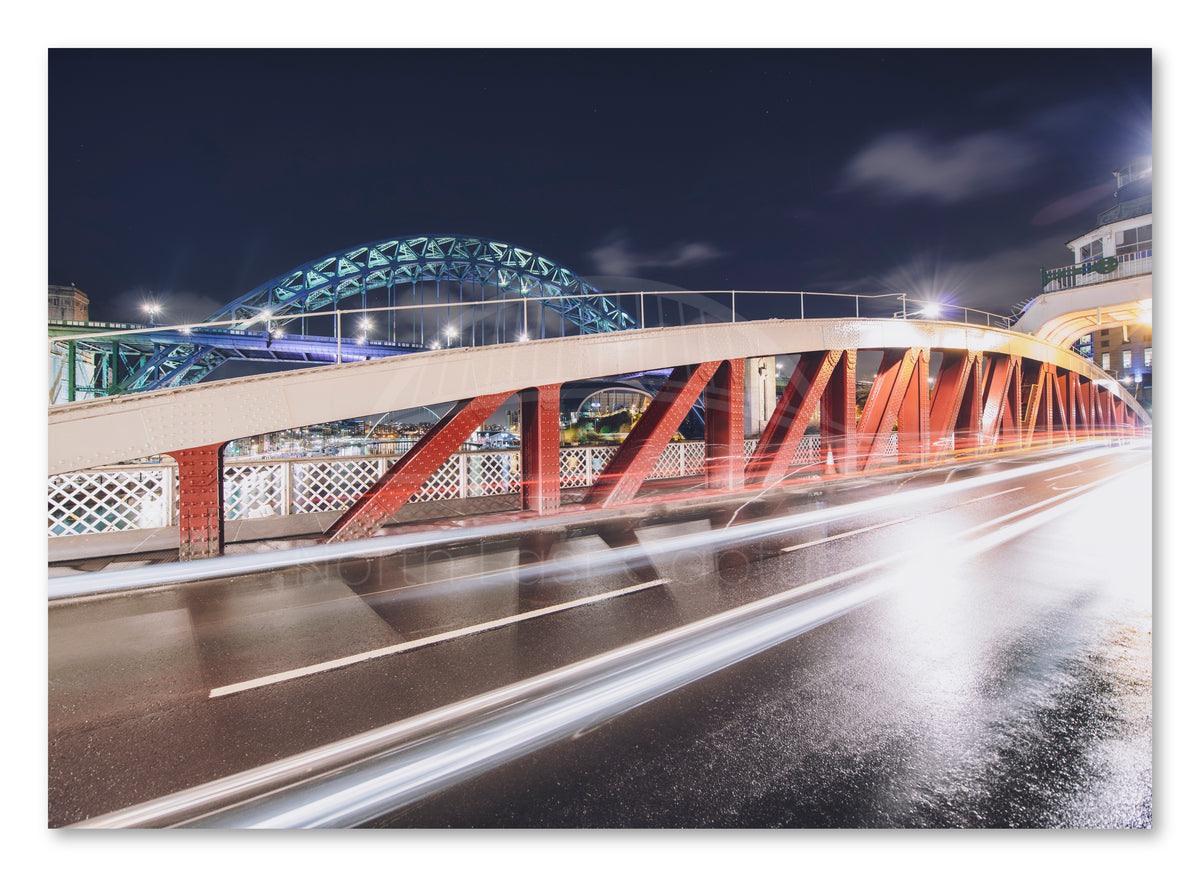 Swing Bridge Light Trails - Gateshead shown as a canvas print.