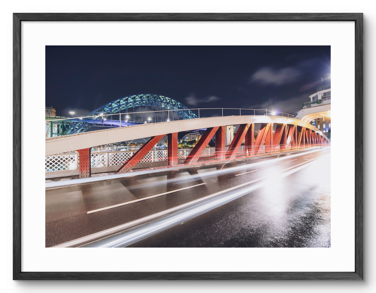 Swing Bridge Light Trails - Gateshead shown as a framed photographic print.