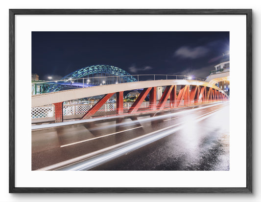 Swing Bridge Light Trails - Gateshead shown as a framed photographic print.