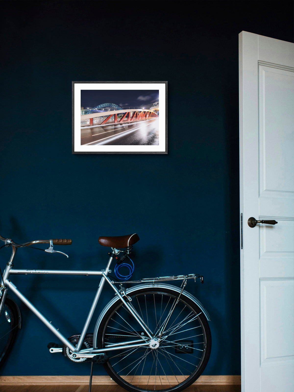 Swing Bridge Light Trails - Gateshead wall art displayed in a styled room setting.