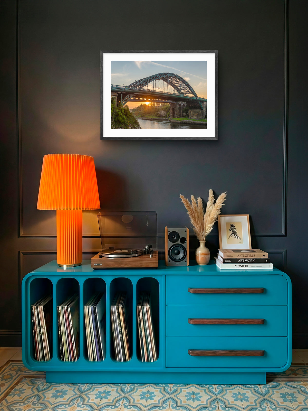Wearmouth Bridge - The River Wear Sunset - Sunderland wall art displayed in a styled room setting.
