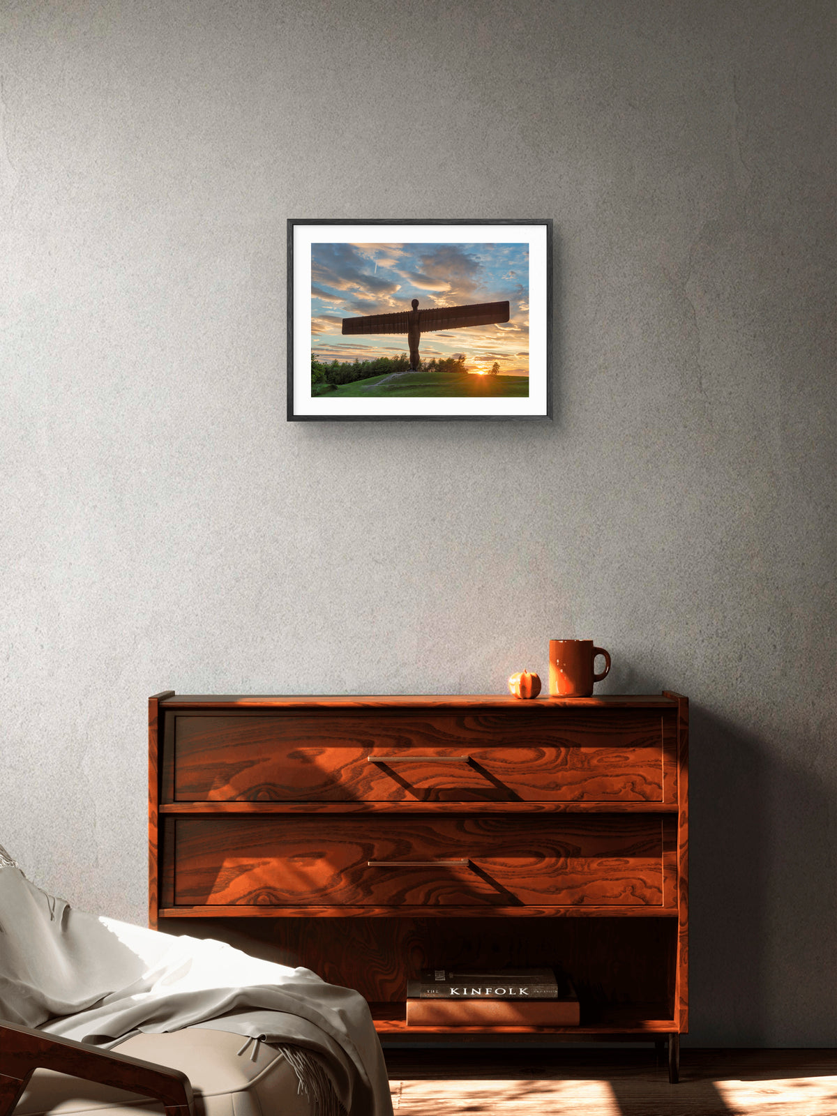 The Angel of the North - Sunset - Gateshead -North East wall art displayed in a styled room setting.