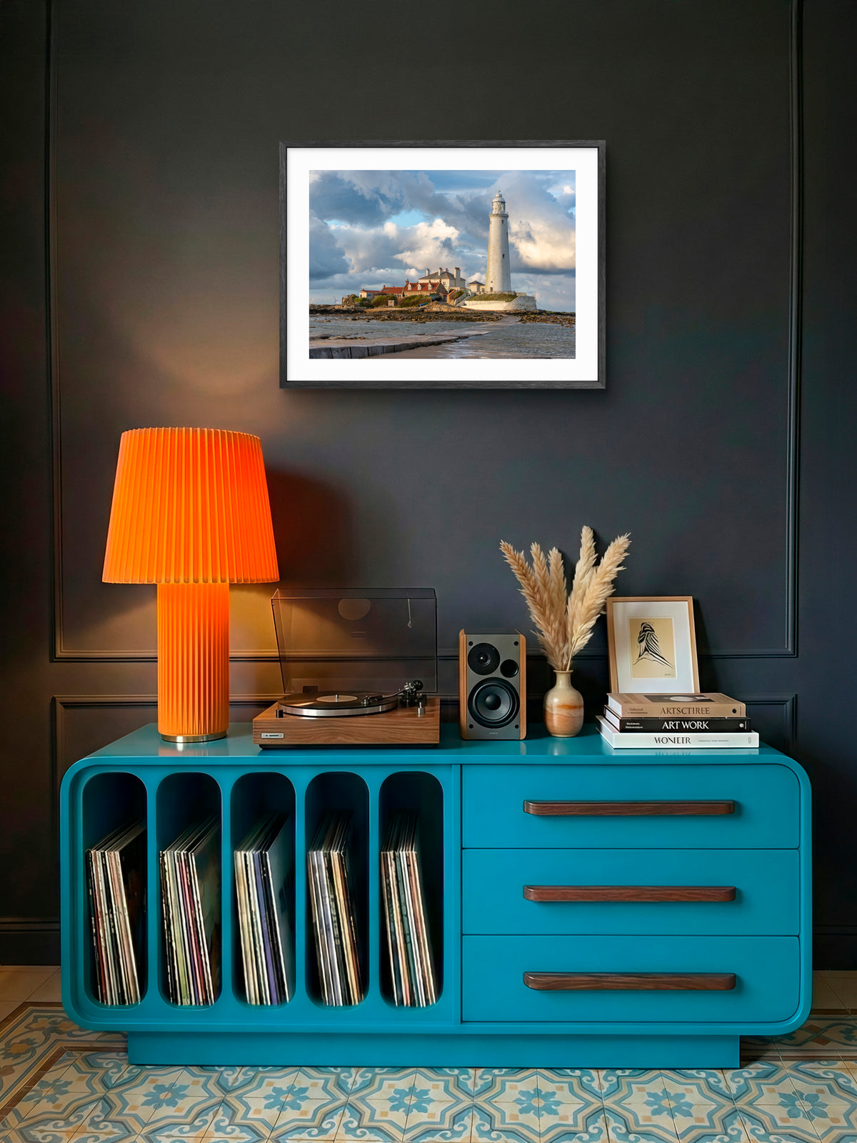 St Mary's Lighthouse - High Tide - Whitley Bay wall art displayed in a styled room setting.