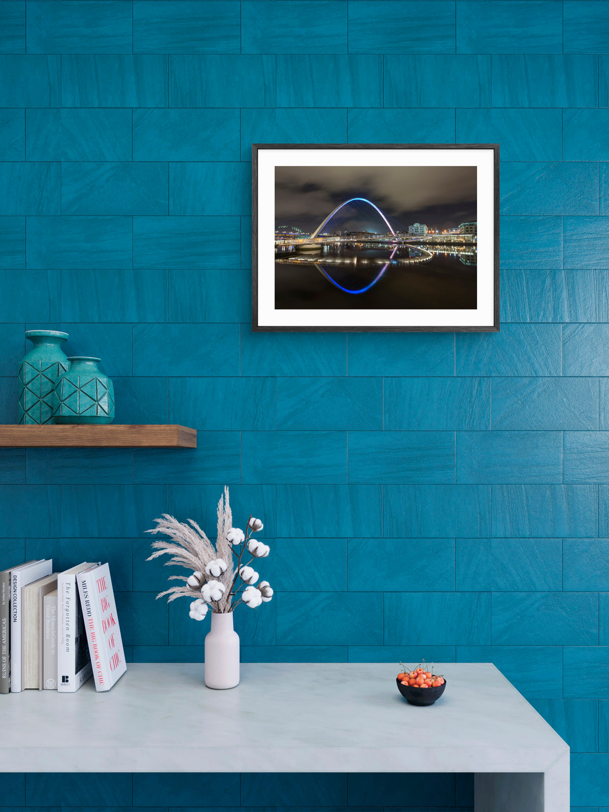 Millennium Bridge Gateshead - Reflecting on The River Tyne at Night - Newcastle wall art displayed in a styled room setting.