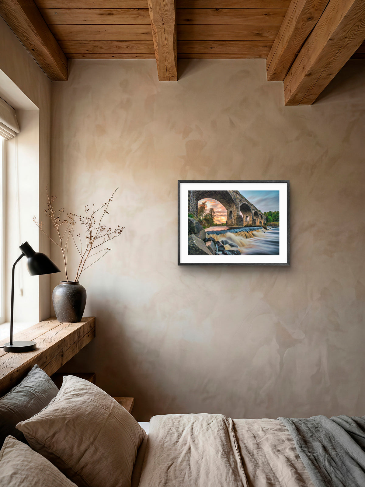 Alston Arches Viaduct wall art displayed in a brown bedroom setting.