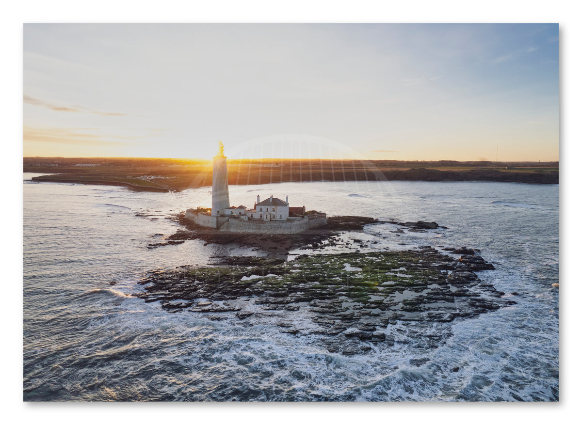 St Mary's Lighthouse - Drone Shot Sunset - Whitley Bay shown as a canvas print.