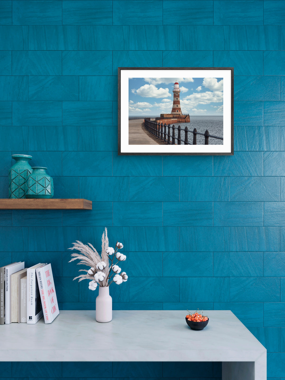 Roker Pier and Lighthouse - Sunderland wall art displayed in a styled room setting.