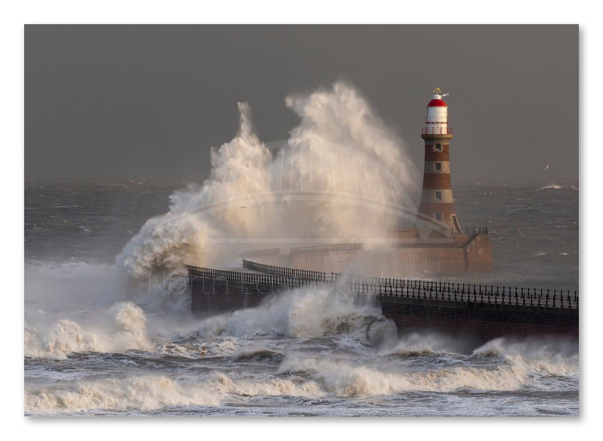 Roker Pier Lighthouse - Storm Arwen Waves - Sunderland shown as a canvas print.