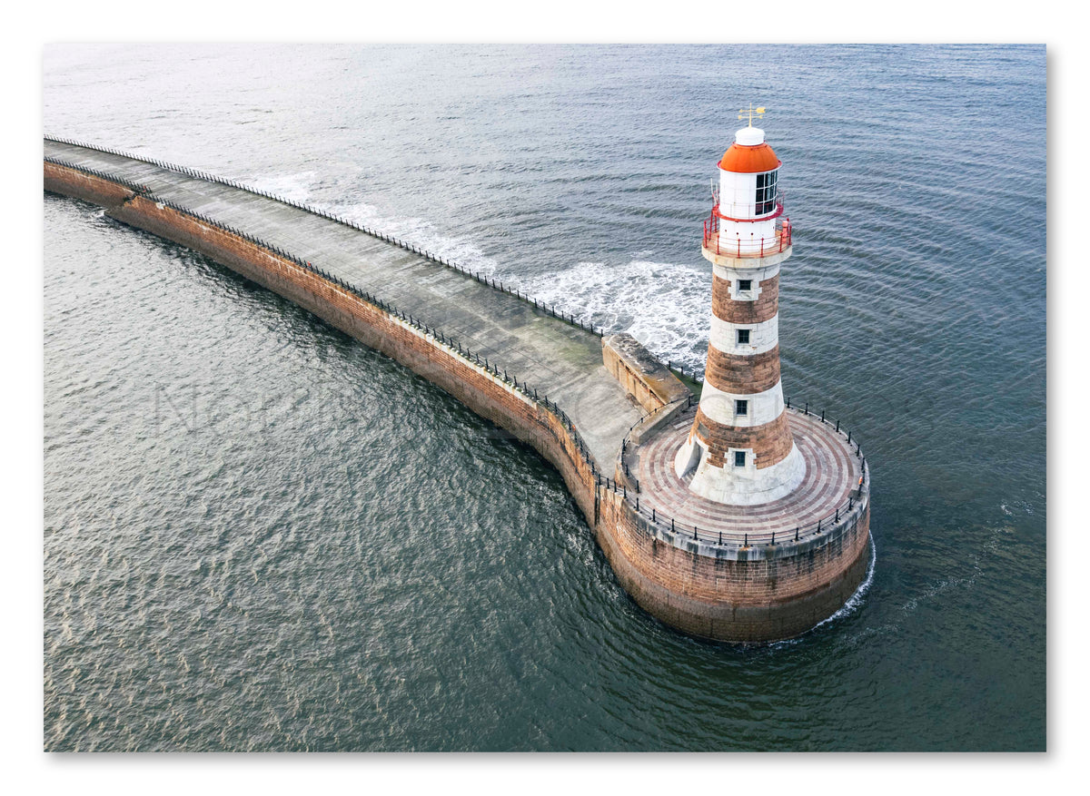 Roker Lighthouse and Pier - Drone Shot - Sunderland shown as a canvas print.