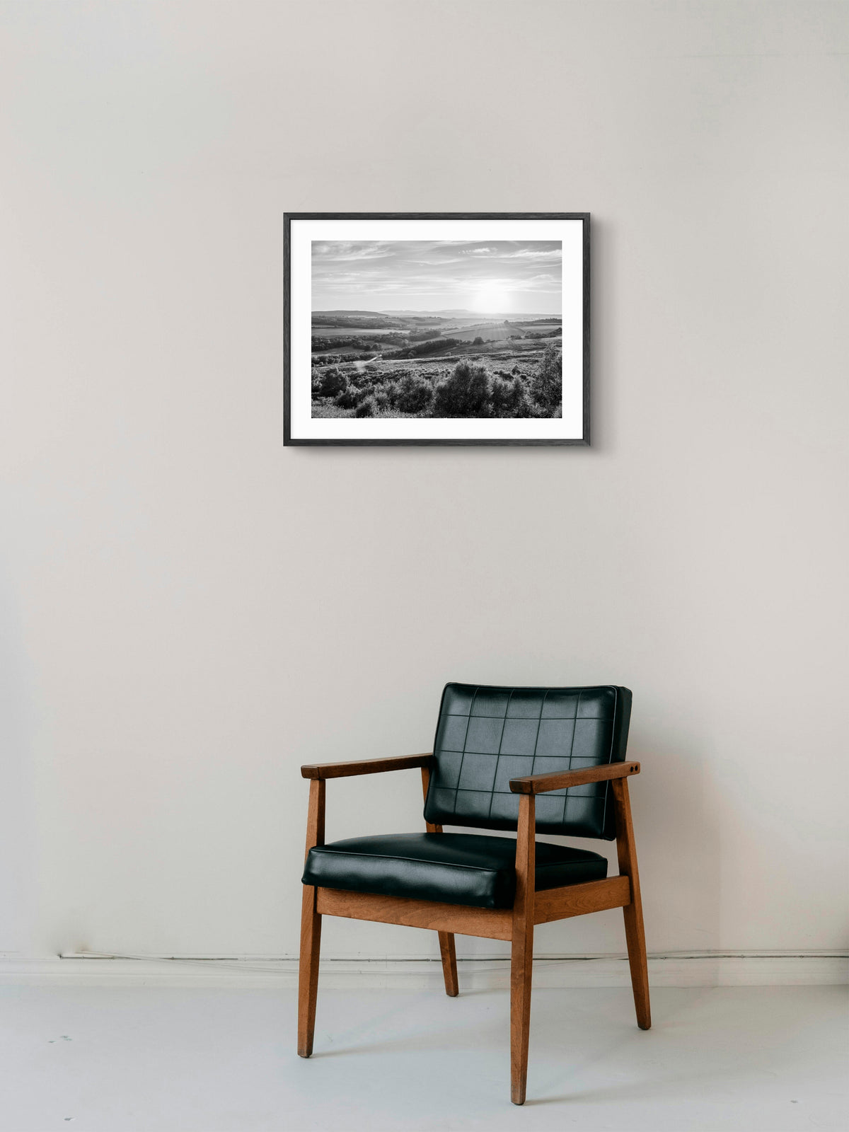 Northumberland National Park - Black and White wall art displayed in a styled room setting.