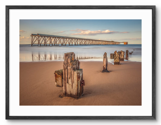 Steetley Pier - Wooden Beach Groyne - Hartlepool - Teesside shown as a framed photographic print.
