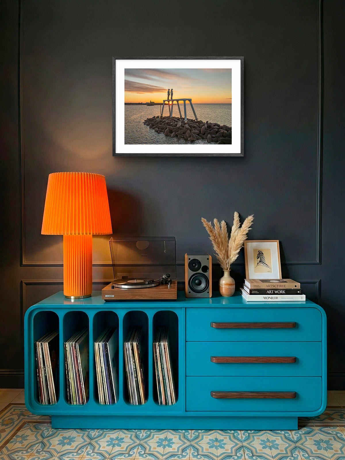 The Couple - Newbiggin By The Sea - Sunrise - Northumberland wall art displayed in a styled room setting.