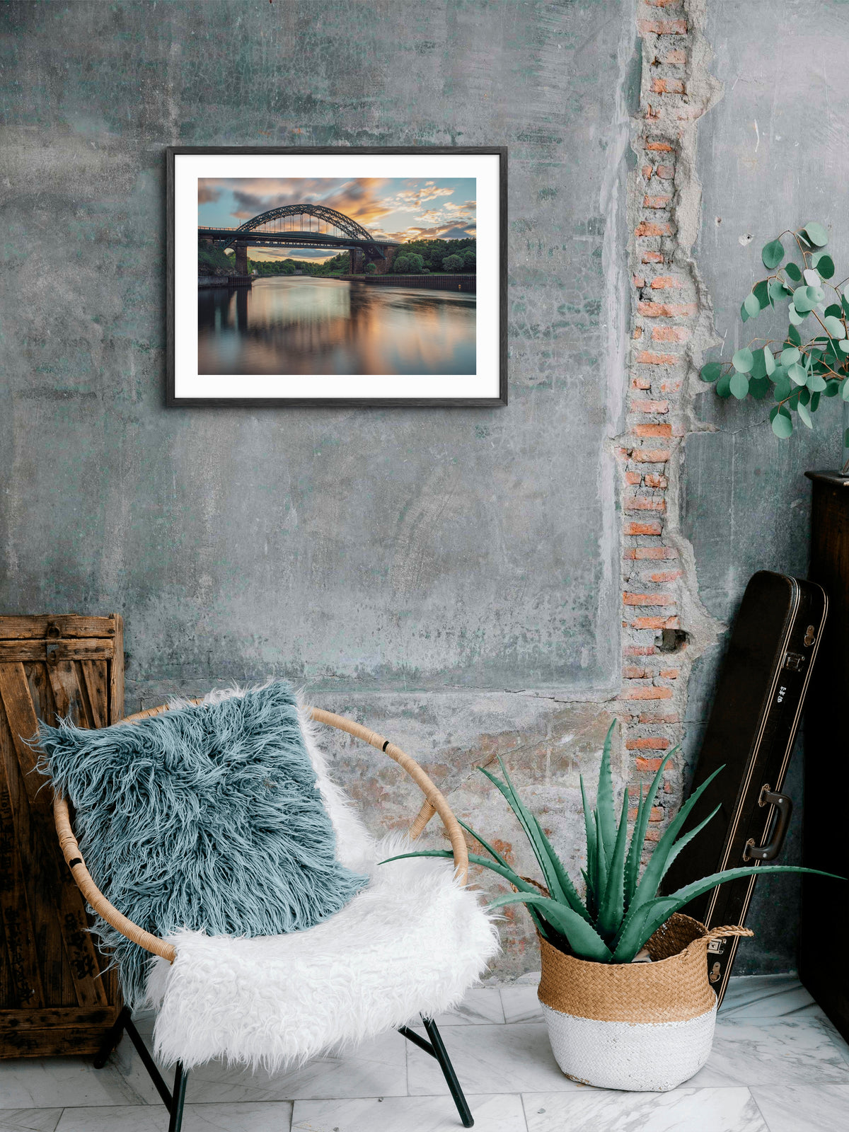 Wearmouth Bridge - Reflecting on The River Wear - Sunderland wall art displayed in a styled room setting.