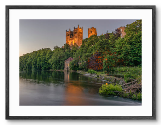 Durham Cathedral - The Old Fulling Mill and Weir at Dusk - Durham shown as a framed photographic print.