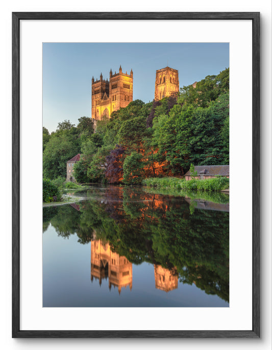 Durham Cathedral - Reflecting On The River Wear At Dusk - Durham shown as a framed photographic print.