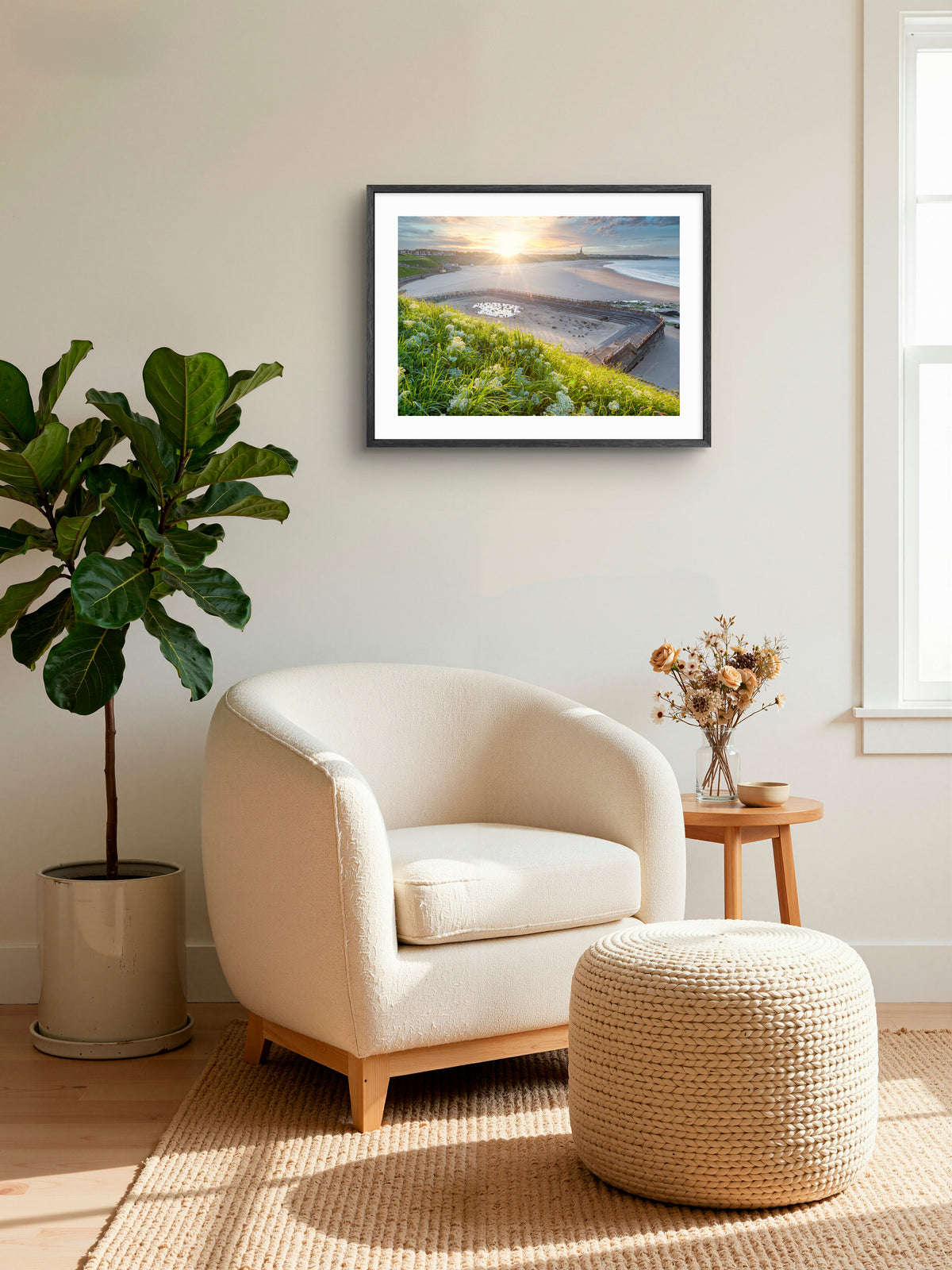 Tynemouth Outdoor Swimming Pool - Sunset - Tynemouth wall art displayed in a styled room setting.