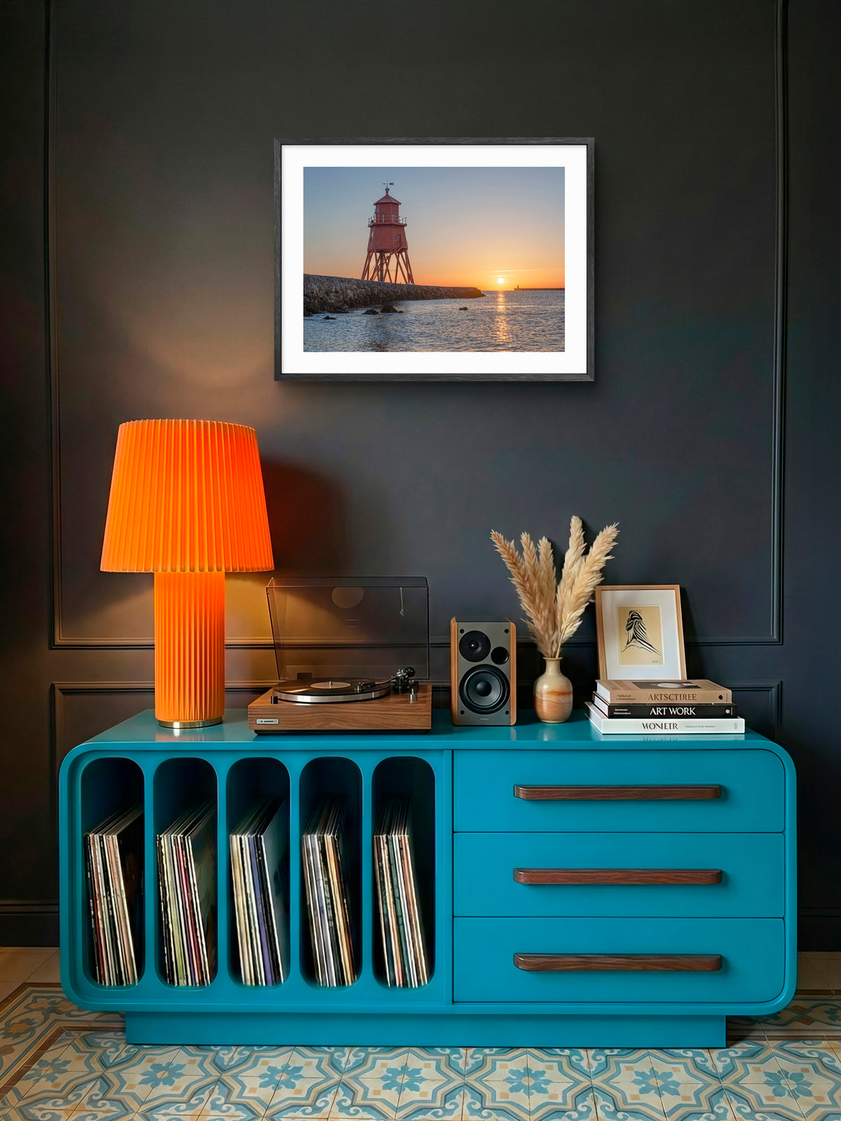 Herd Groyne Lighthouse - Sun reflecting on Sea - South Shields wall art displayed in a styled room setting.