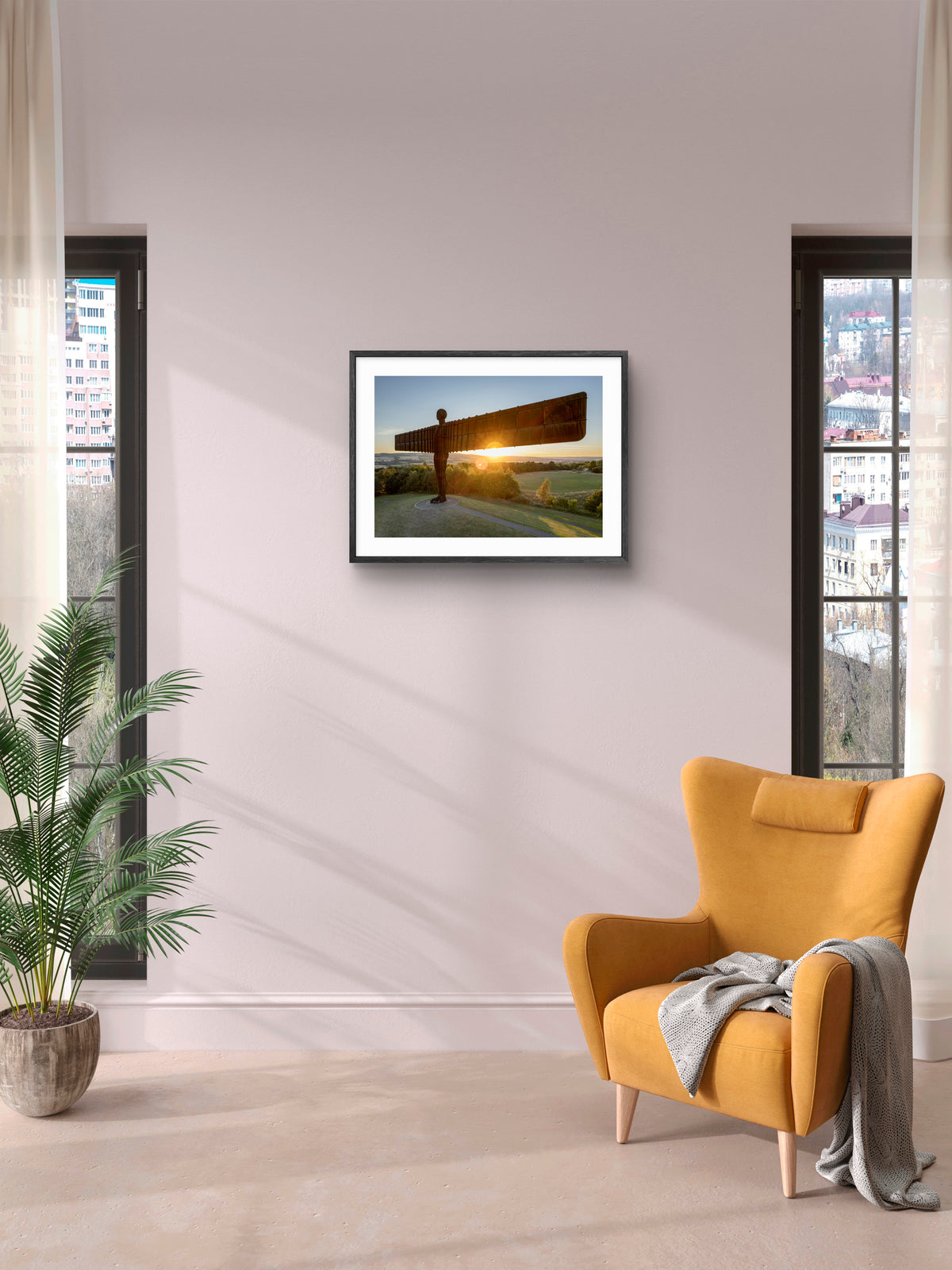 The Angel of the North - Sunset - North East Captures wall art displayed in a styled room setting.