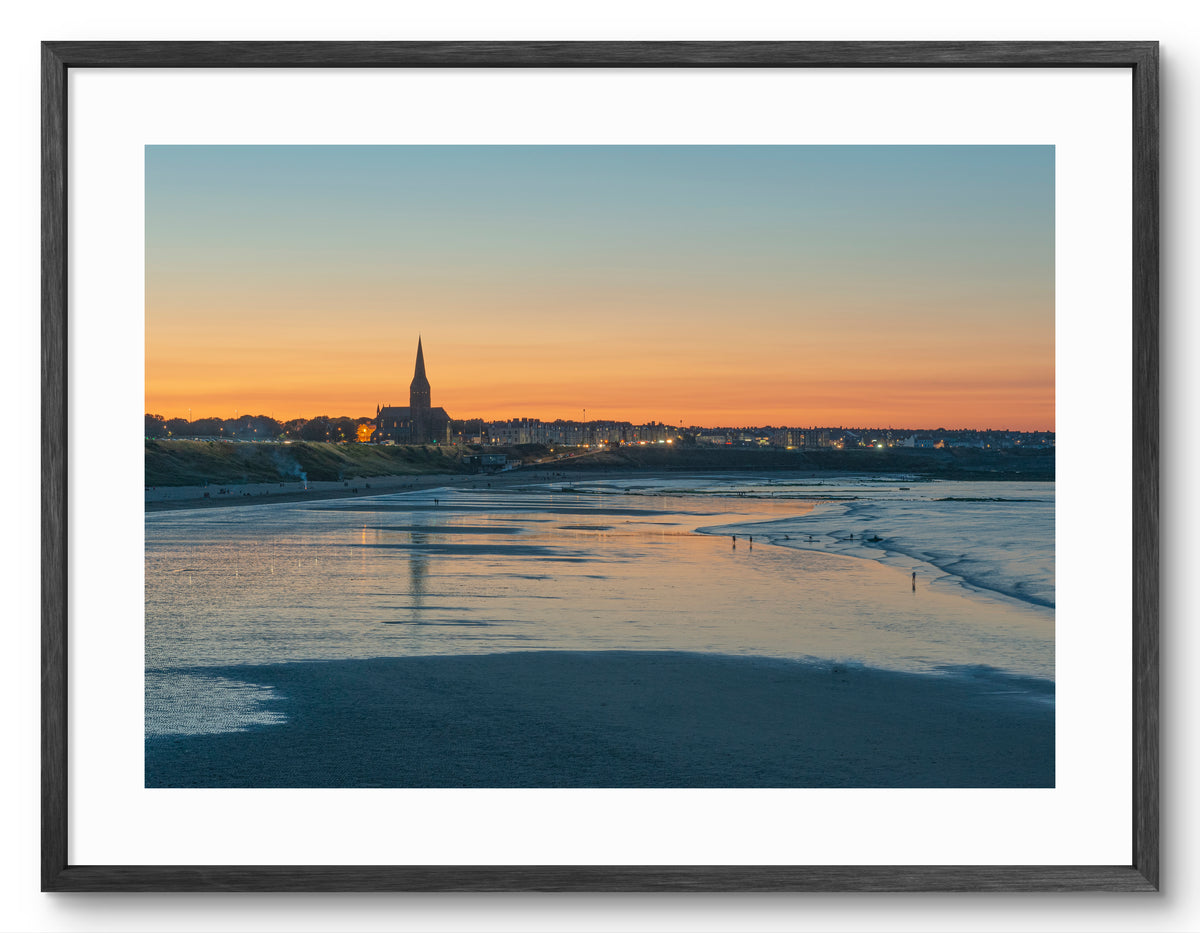 Tynemouth Longsands Beach - Sunset - Tynemouth - North Tyneside shown as a framed photographic print.