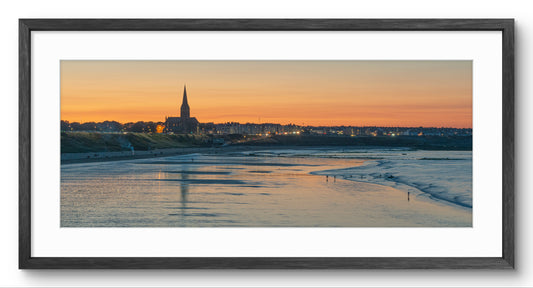 Tynemouth Longsands at Sunset panoramic print — black frame and white mount