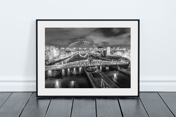 Black and White Tyne Bridge and Swing Bridge, Newcastle and Gateshead