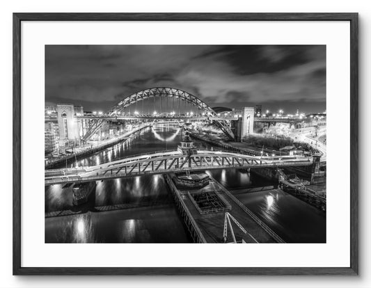 Tyne Bridge - Swing Bridge - Newcastle - Gateshead - Black and White shown as a framed photographic print.