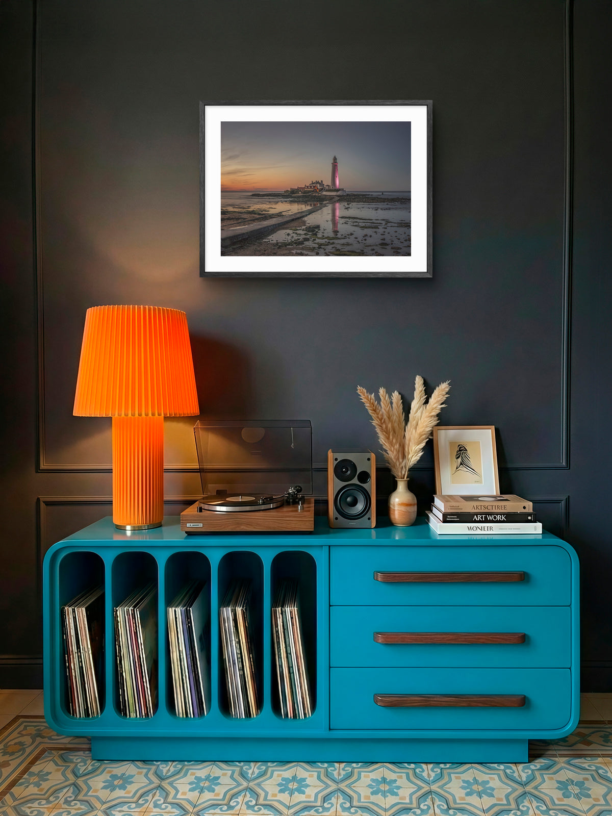 St Mary's Lighthouse and Causeway - Whitley Bay - North Tyneside wall art displayed in a styled room setting.
