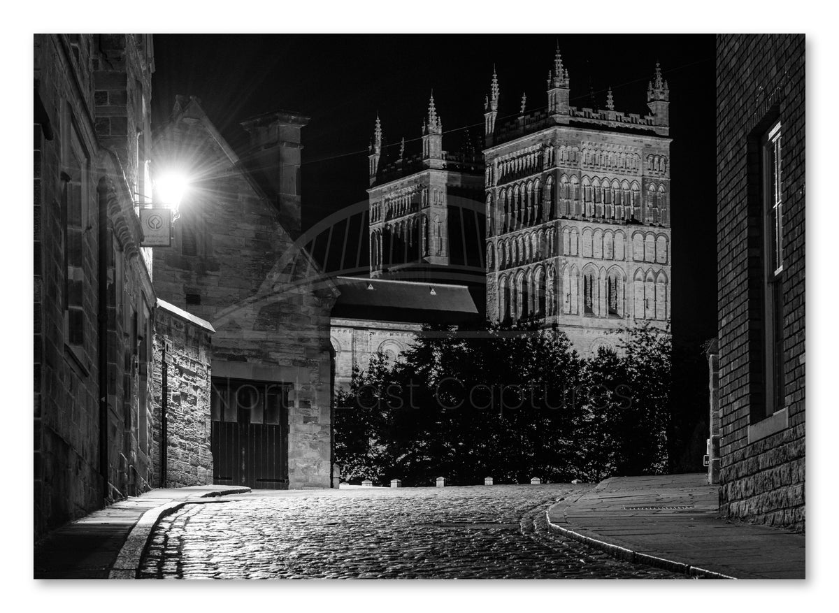 Durham Cathedral - Cobbled Street - Durham - Black and White shown as a canvas print.