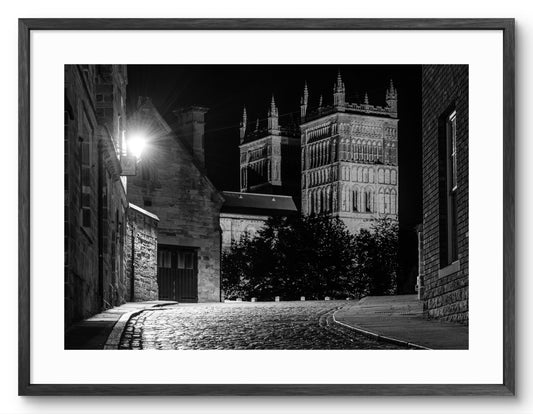 Durham Cathedral - Cobbled Street - Durham - Black and White shown as a framed photographic print.