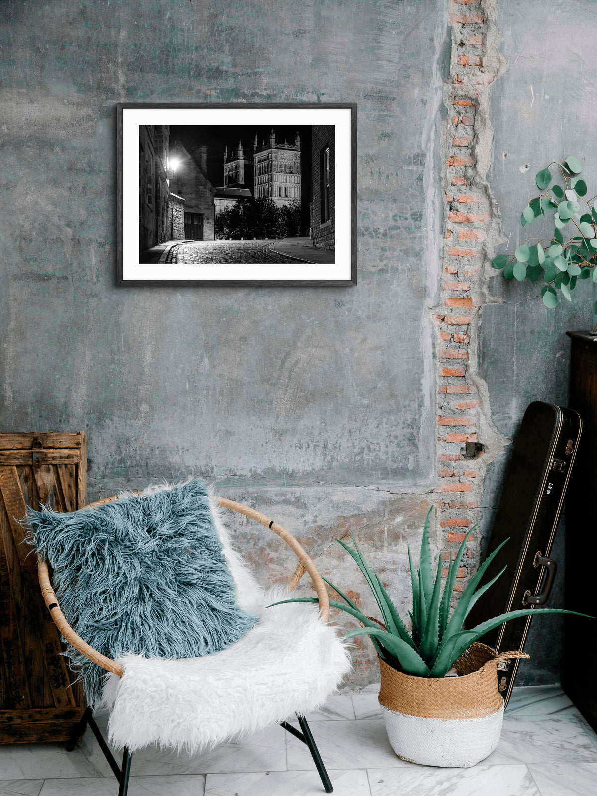 Durham Cathedral - Cobbled Street - Durham - Black and White wall art displayed in a styled room setting.