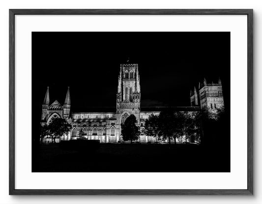 Durham Cathedral - Palace Green - Durham - Black and White shown as a framed photographic print.
