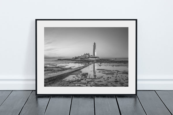 Black and White St Mary's Lighthouse and Causeway, Whitley Bay