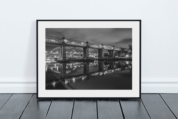 Black and White Bridges crossing The Tyne at Night