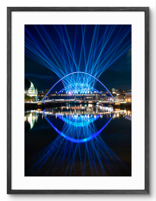 Newcastle Quayside New Year’s Eve Laser Show Print shown as a framed photographic print.