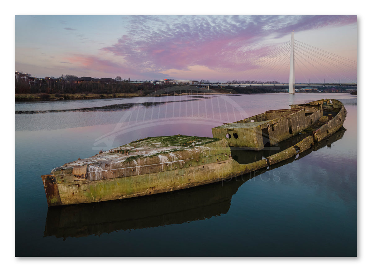 Concrete Ship with Northern Spire Bridge in Sunderland shown as a canvas print.