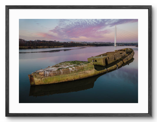 Concrete Ship with Northern Spire Bridge in Sunderland shown as a framed photographic print.