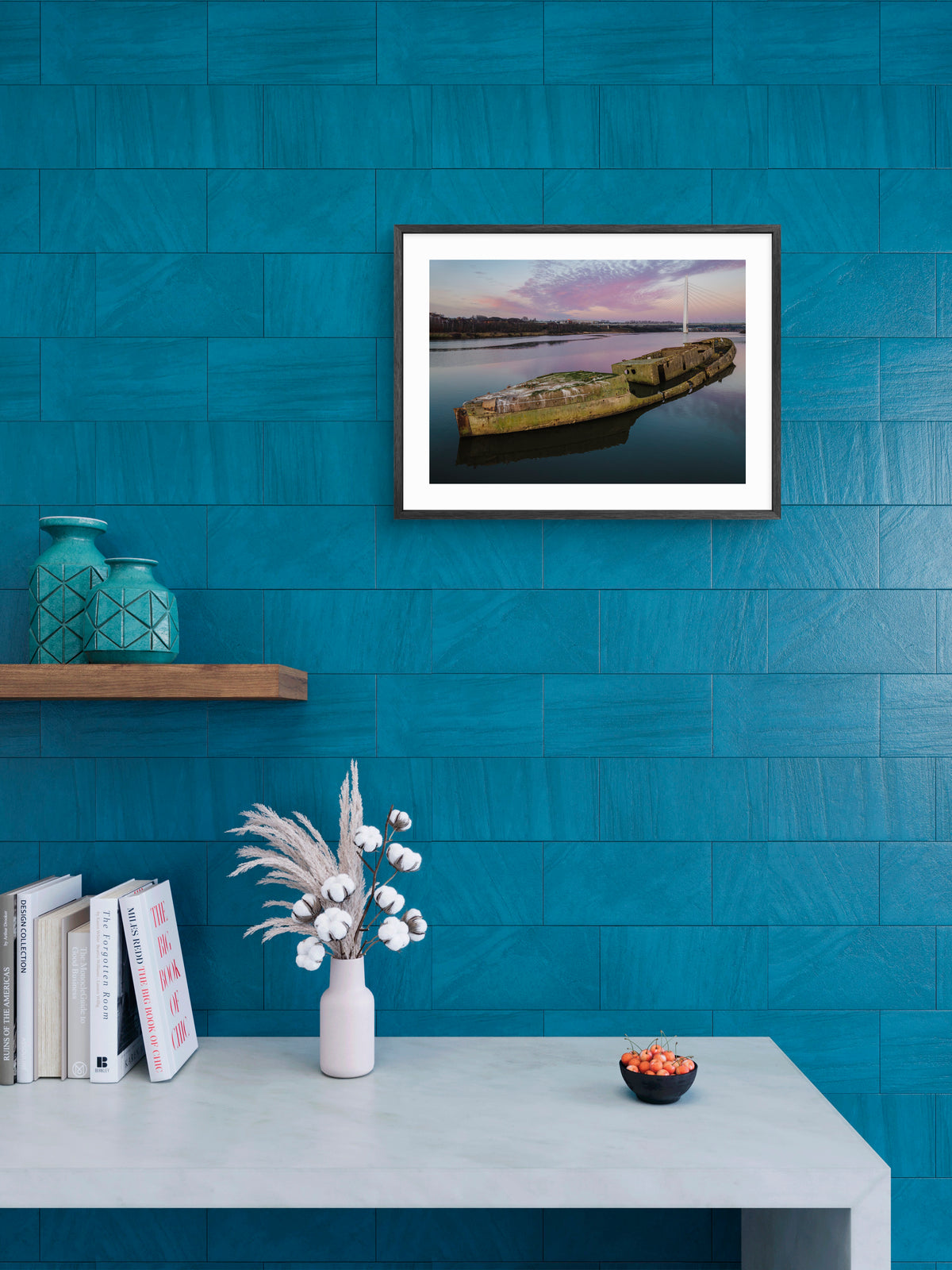 Concrete Ship with Northern Spire Bridge in Sunderland wall art displayed in a styled room setting.